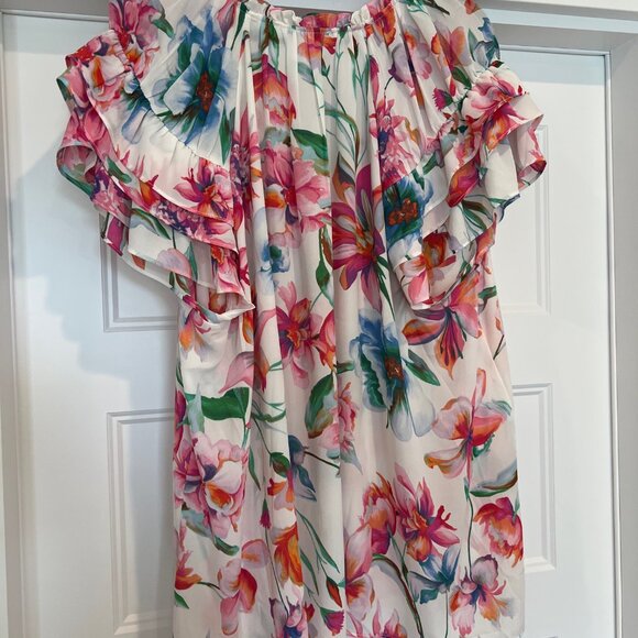 Rose + Olive Women’s 3X Multicolor Floral Print Flutter Sleeves Tassel Tie Neckl - Picture 6 of 8